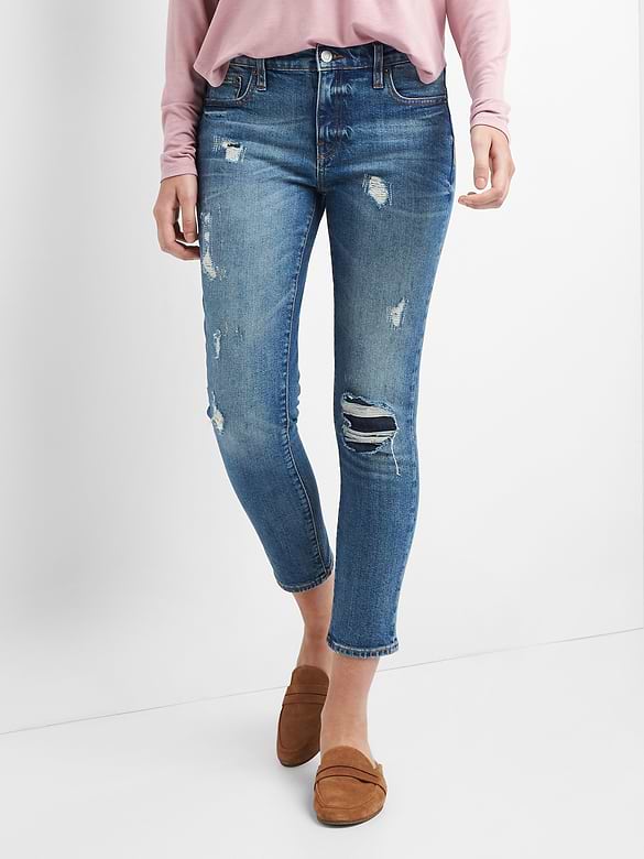 Mid Rise Best Girlfriend Jeans with Destructed Repair