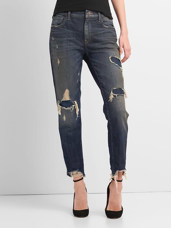 Mid Rise Best Girlfriend Jeans with Destructed Repair
