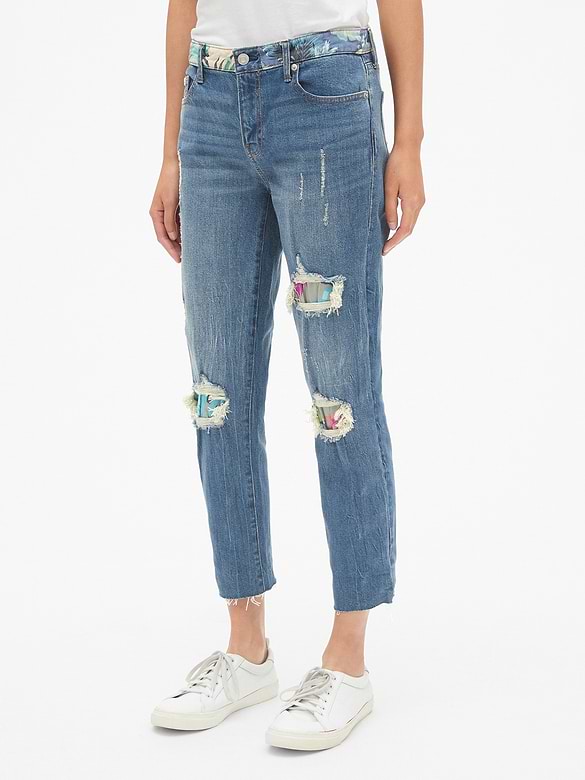 Mid Rise Best Girlfriend Jeans with Floral Print Detail