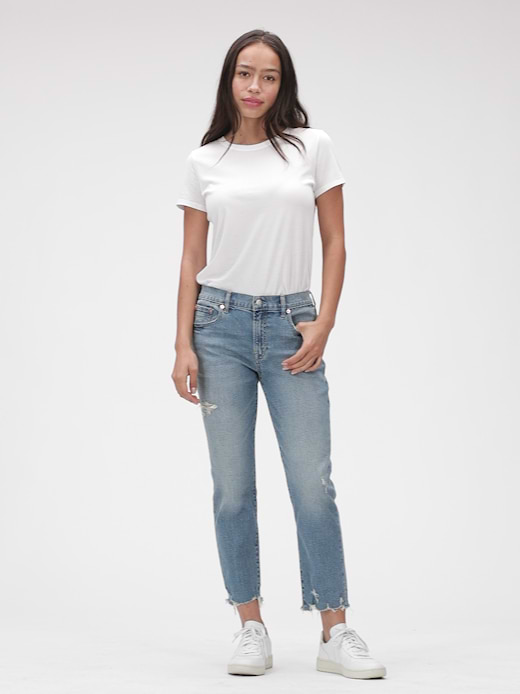 Mid Rise Destructed Girlfriend Jeans