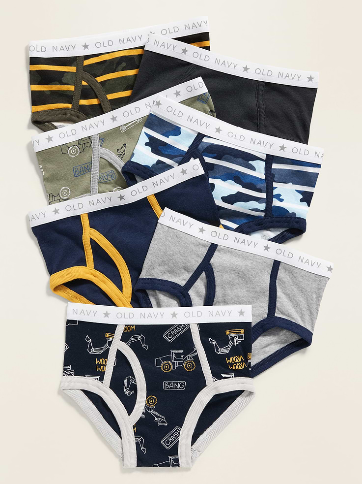 Image 1 of 1, Pack includes seven pairs of underwear briefs, each in a different graphic, color or print., Elasticized waistband with repeating logo., Elasticized, rib-knit leg openings., Tag-free waistband for added comfort., Soft, lightweight cotton., Product #582916