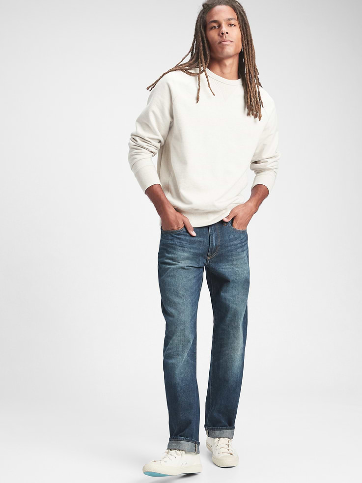 Image 1 of 8, "These are by far the best fitting, most comfortable jeans. Ever." —Joe, IN It's your wardrobe's wingman. Our classic straight jean in rigid denim that will only get better with every wear. Crafted for every size, style, body. This is authentic denim. Made to last. Made so you can be you. And we've been at it for almost 50 years., In an up-for-anything 12.5 oz. denim., In a vintage-inspired dark indigo wash., Classic five-pocket styling., Button closure, zip fly., Better denim. Better planet. This pair of denim is part of our water-saving Washwell program. Compared to conventional wash methods, Washwell has saved millions of liters of water since 2016., Product #349790