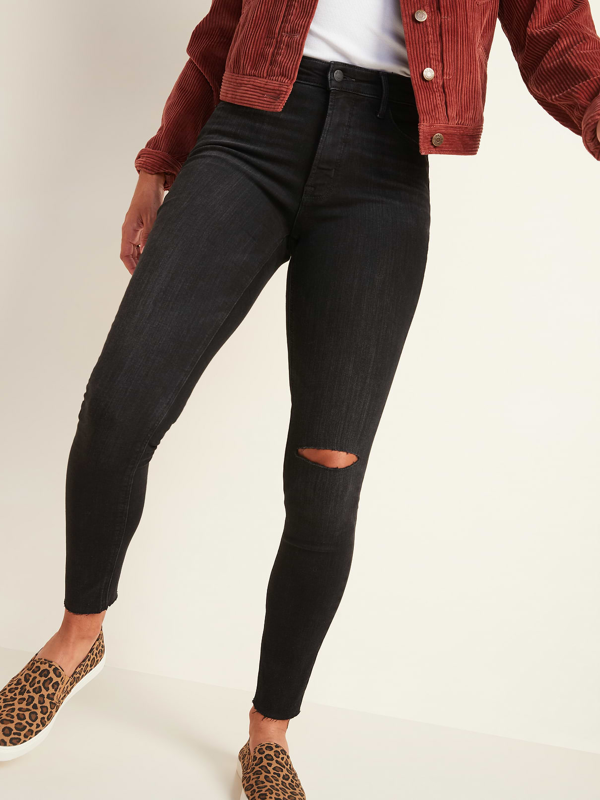 High-Waisted Rockstar Super Skinny Black Distressed Ankle Jeans for Women