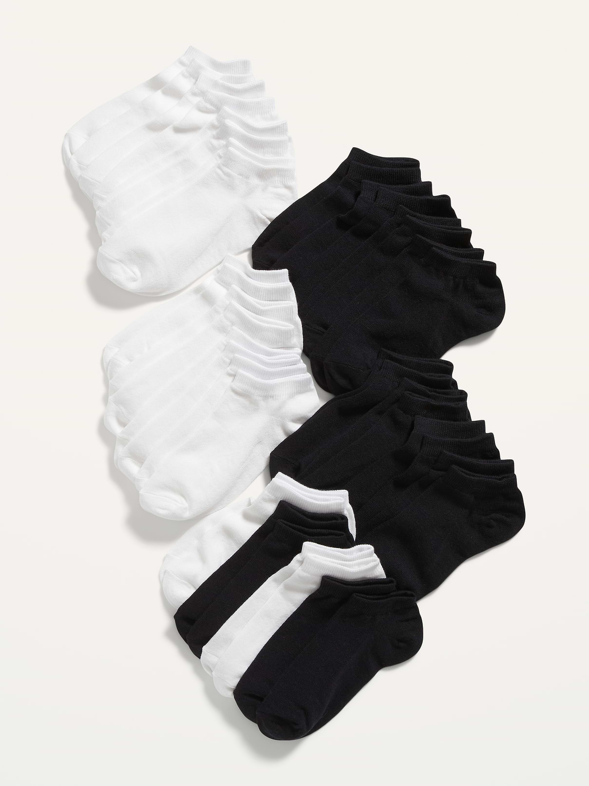 Image 1 of 1, Pack includes 20 pairs of ankle socks, in black and white., Rib-knit ankle-length openings., Soft-knit, lightweight fabric, with comfortable stretch., Notched toe seams for added comfort., Product #759933