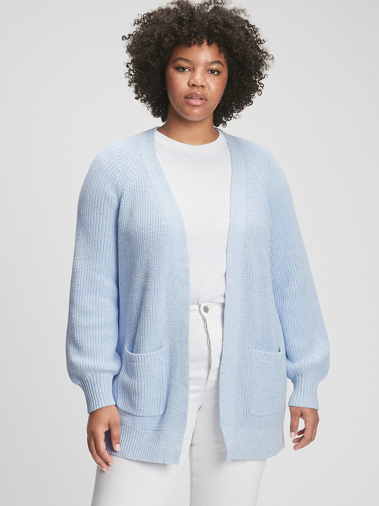 Image 1 of 6, Soft textured knit., Long sleeves with ribbed cuffs., Patch pockets at open front., Product #802376