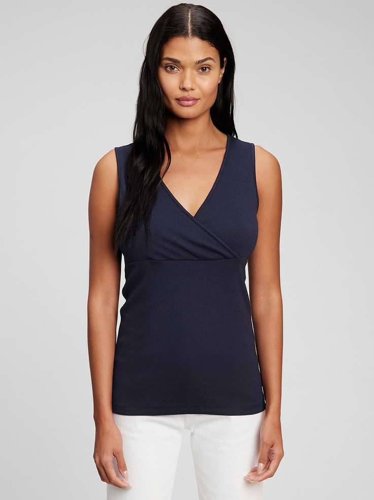 Image 1 of 1, Effortless, comfortable, and made with easy nursing access for you and baby., Made with 48% organically grown cotton. Organic cotton is better for people and the environment because it's grown without the use of harmful synthetic pesticides and fertilizers., Soft modal-blend jersey., Crossover V-neck for easy nursing., Tank straps., Shirring at empire waist., Please note: Maternity styles cannot be returned in store. Please enjoy free returns by mail., Product #852959