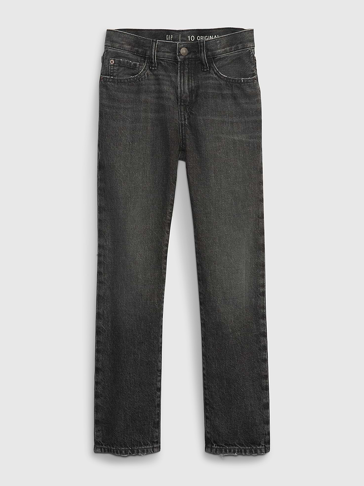 Image 1 of 1, Authentic, non-stretch denim jeans., Button closure at adjustable waist (sizes 4-8 have a hook & bar closure beneath faux snap for easy on and off), zip fly., Classic 5-pocket styling. Interior pocket bags are made with 30% recycled polyester., Assorted denim washes., Responsibly Made: This pair of jeans is made with 5% recycled cotton and is part of our Washwell program, which uses at least 20% less water as compared with conventional wash methods. We’ve saved over a billion liters of water through Washwell since 2016., This product was made in a factory that invests in gender equity and women’s empowerment through RISE. Learn more at gapinc.com/equity ., Product #824576