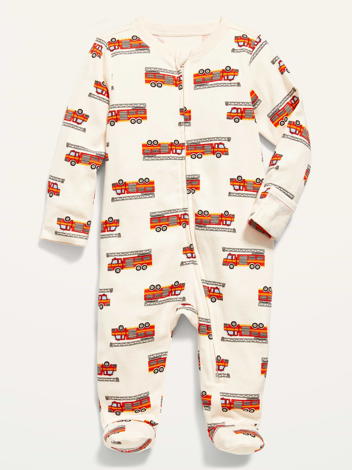 Image 1 of 2, This one-piece is totally adorable and unisex, too! Wearable & shareable for him, for her, for them., Rib-knit crew neck., Long sleeves., Full-length zipper at front and along left leg inseam, with zipper guard at chin., Where's the 2-way zipper? We know you love it (we love it too)! Unfortunately, supply chain snafus have made these hard to get. We hope to update this 1-way zipper to 2-way as soon as possible ??, Sewn-in feet., Soft-washed 100% cotton fine-gauge knit, with all-over print or pattern., Product #804260