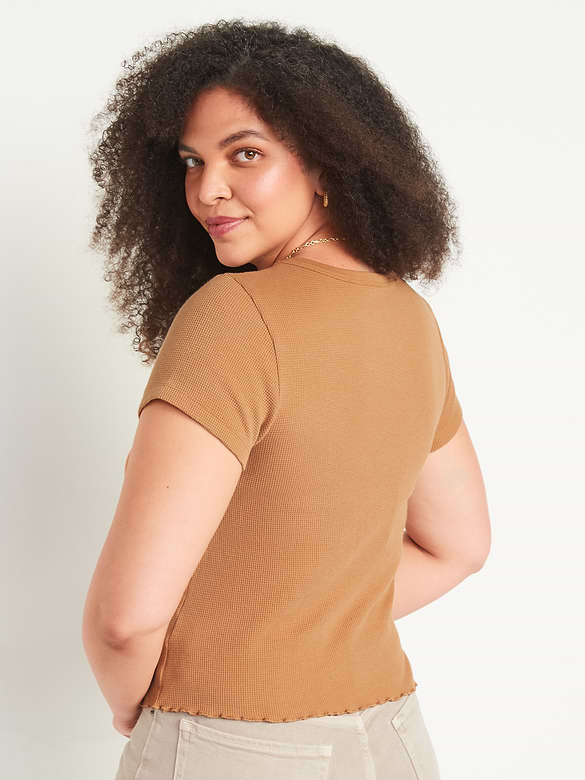 Short-Sleeve Cropped Lettuce-Edge Waffle-Knit T-Shirt 2-Pack