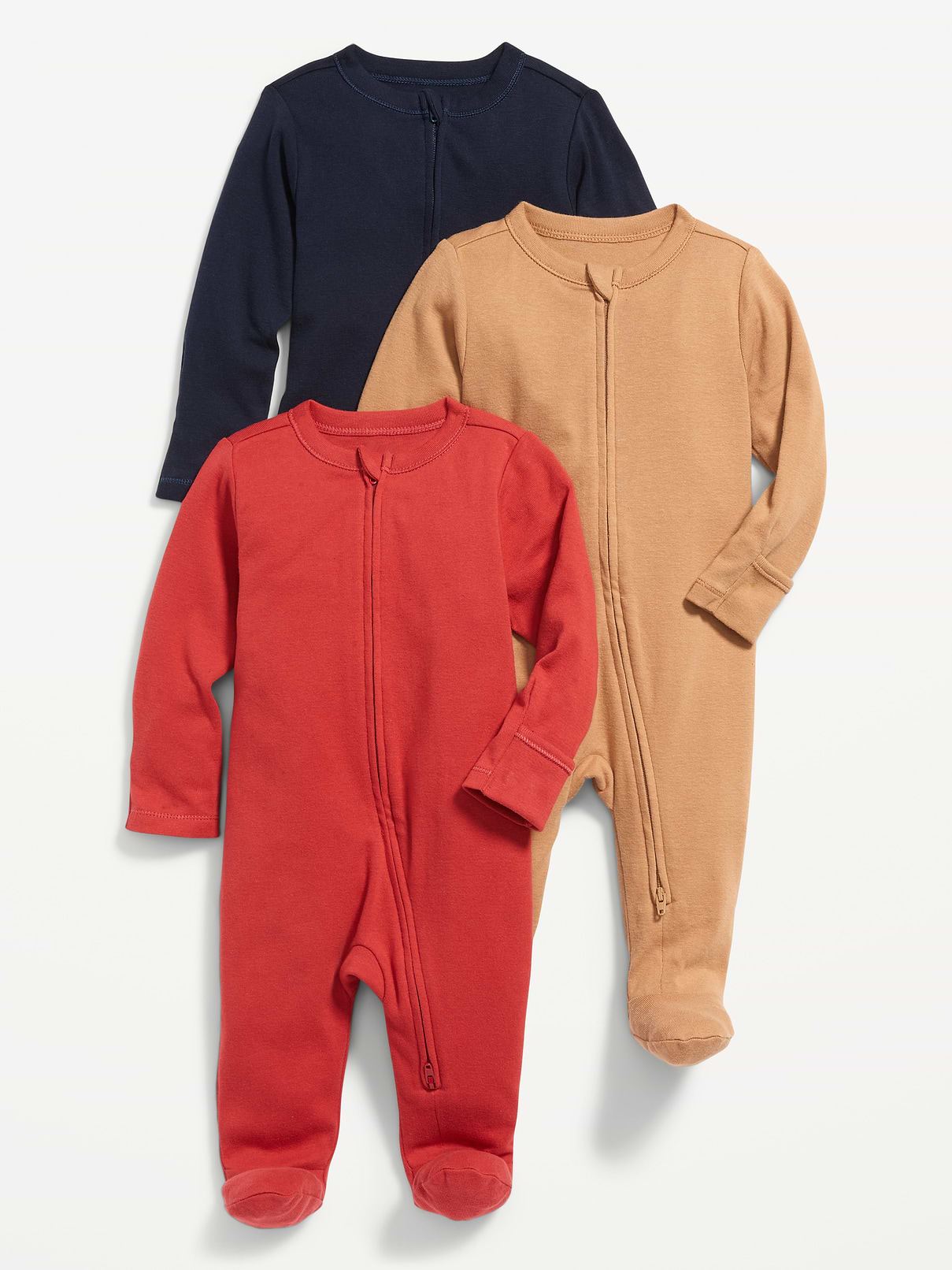 Image 1 of 1, Set includes 3 footed one-pieces, each in a different color., Rib-knit crew neck., Long sleeves., Fold-over mittens at each sleeve flip over to keep baby’s hands warm and protect tender skin from scratches. Genius!, Reversible two-way zipper unzips from the bottom for quick diaper access. Baby changing just got so much easier (and warmer)., Sewn-in feet., Soft-washed 100% cotton., This footed one-piece is totally adorable & unisex, too. Wearable & shareable for him, for her, for them., Product #565438