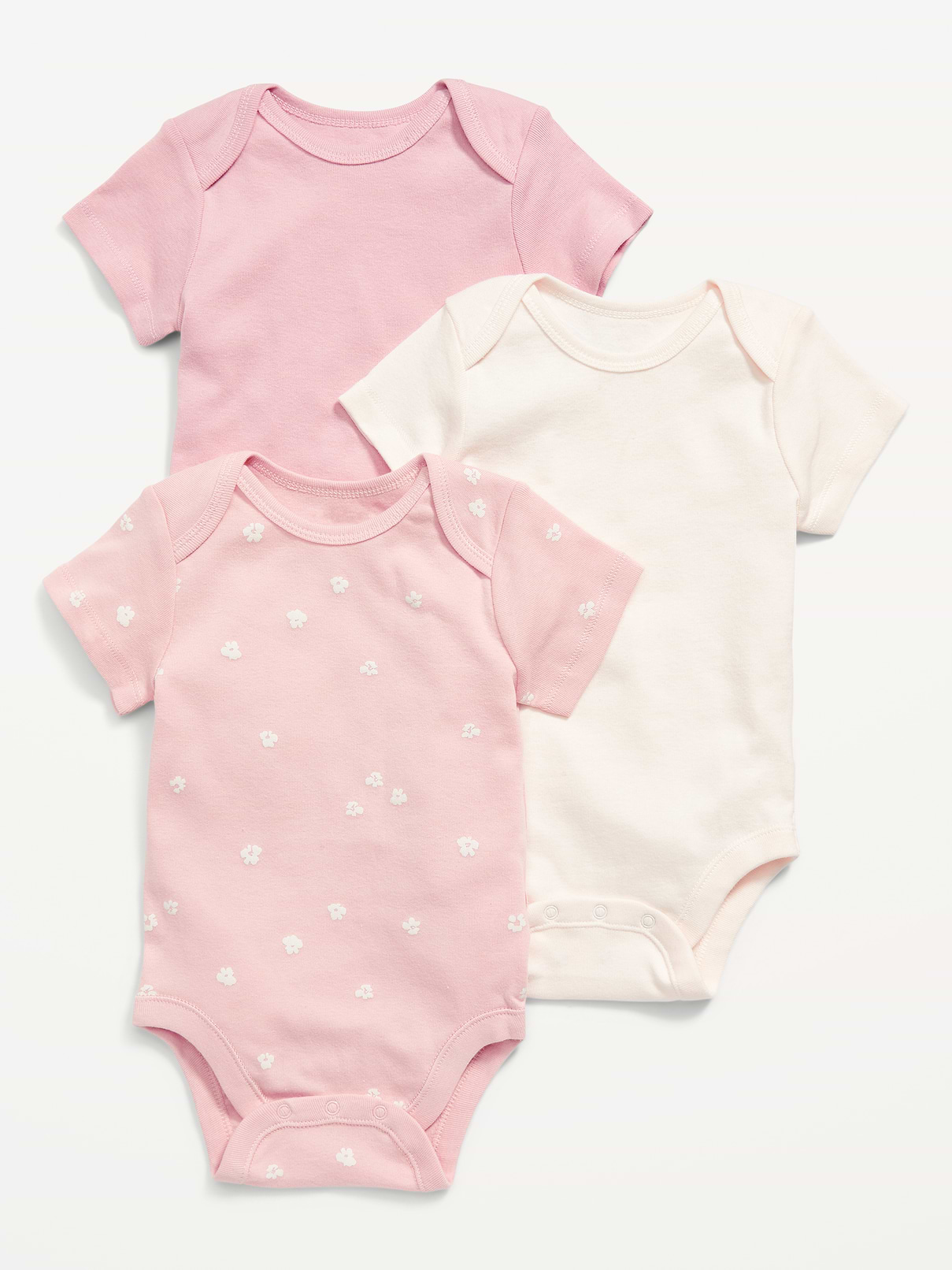 Image 1 of 3, Online exclusive!, Pack includes 3 bodysuits, each in a different color, print or pattern., Rib-knit envelope neckline, with lap shoulders., Short sleeves., Ring-snaps along the rib-knit inseam for easy dressing and diaper changing., Soft-washed, fine-gauge rib-knit cotton., Product #564741