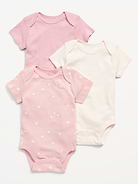 Image 1 of 3, Online exclusive!, Pack includes 3 bodysuits, each in a different color, print or pattern., Rib-knit envelope neckline, with lap shoulders., Short sleeves., Ring-snaps along the rib-knit inseam for easy dressing and diaper changing., Soft-washed, fine-gauge rib-knit cotton., Product #564741