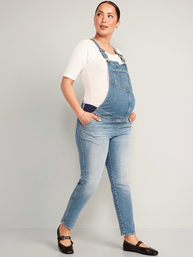 L'image numéro 1 présente Salopette OG droite en denim à panneaux latéraux de Maternité