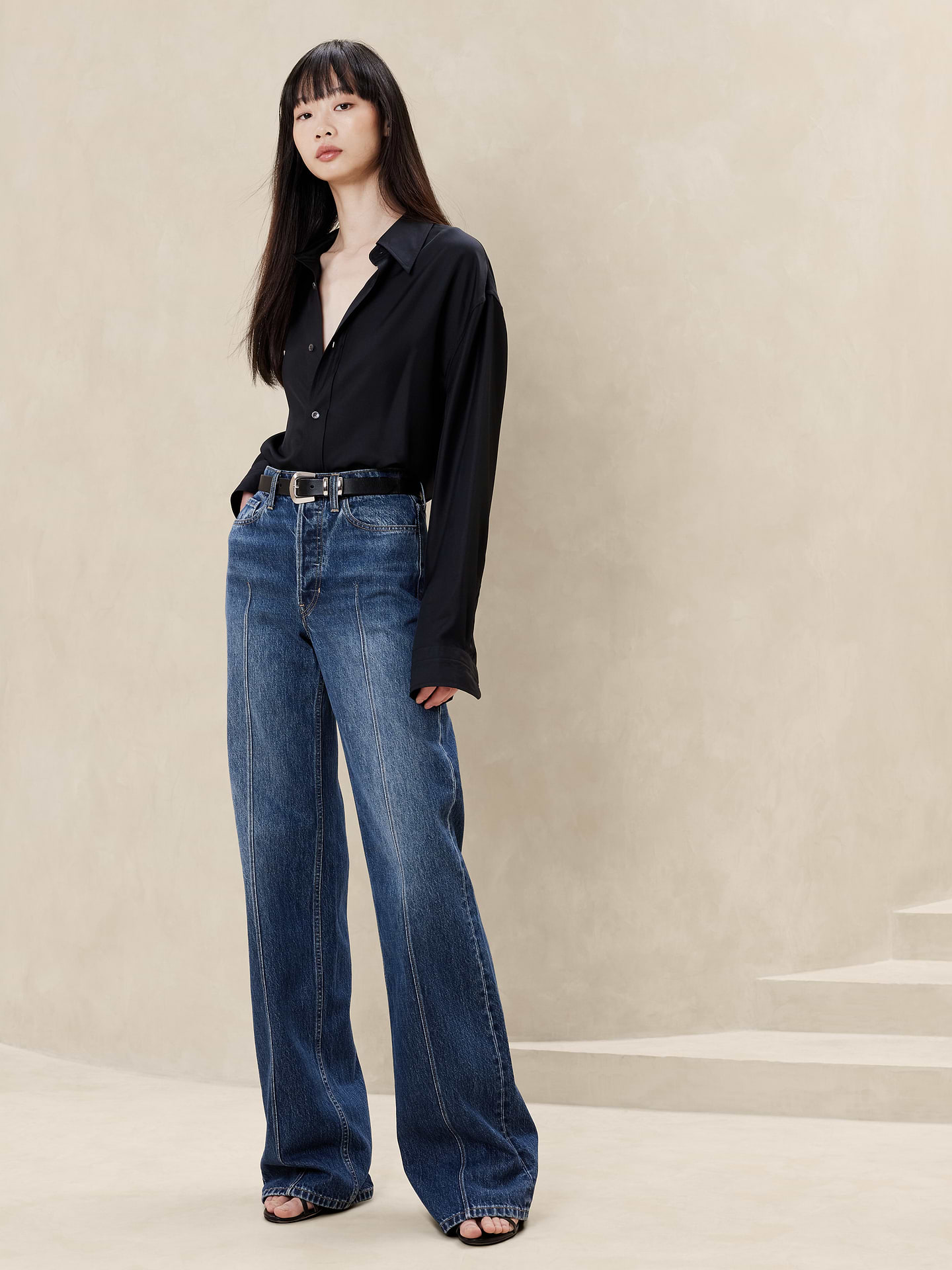 Image 1 of 4, This signature wide-leg jean is crafted from authentic, non-stretch denim with meticulous pintuck detail that lends a tailored touch. Plus, we cut them with extra length so they puddle at the hem even when worn with heels., High-rise, relaxed, wide leg, Button fly, Five-pocket styling, *This is a non-stretch jean so each pair will mold to you with every wear., Product #884663