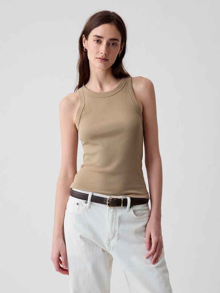 Image 1 of 4, Our soft & stretchy cotton-modal blend that hugs you just right. It’s your new 7-days-a-week essential., Soft cotton-blend ribbed knit tank top., Halter neckline., Sleeveless., Product #878220