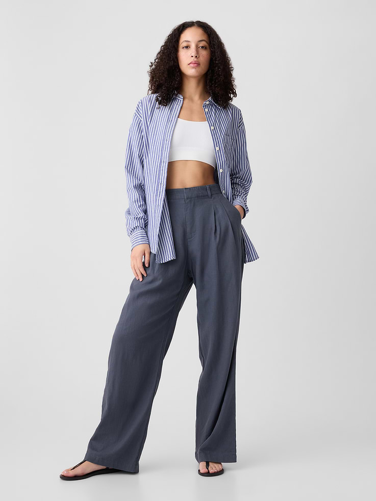 Image 1 of 2, Smooth linen blend., Elasticized waist at back., Hook and bar closure, zip fly., Front slant pockets, welt pockets at back., Pleated at front., Select styles have allover stripes., Product #875360
