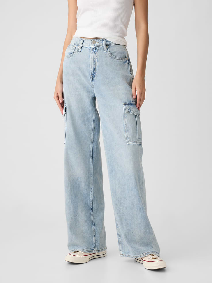 Image 2 of 6, High Rise Wide-Leg Cargo Jeans