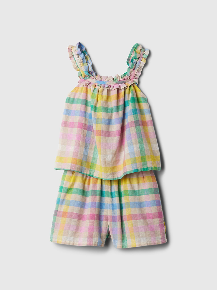 Image 1 of 3, Smooth linen-cotton top and shorts set., Square neckline., Tank straps with ruffle detailing., Elasticized waist at shorts., Allover print., Product #880721