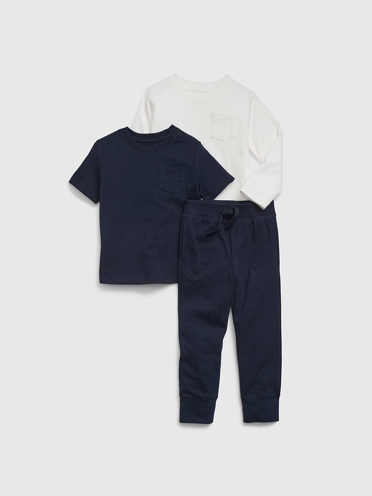 Image 1 of 1, Our favorite mix-and-match essentials go from tummy time to playtime in no time. All made with soft cotton in playful prints and bright colors., Soft cotton T-shirts and pull-on pants set., First T-shirt features crewneck, long sleeves, and patch pocket at chest., Second T-shirt features crewneck, short sleeves, and patch pocket at chest., Pull-on pants feature elasticized waist with faux drawstring, front slant pockets, and banded cuffs at leg openings., Assorted colors., Product #867409