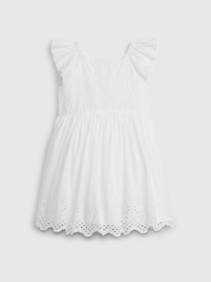 Image 1 de 1, Robe en coton lisse., Encolure arrondie., Manches courtes flottantes avec ourlet festonné., Broderie anglaise sur la poitrine., Ourlet festonné à broderie anglaise., Certains modèles avec imprimés sur l’ensemble., Note: le modèle indigo foncé est confectionné dans un mélange de lin et de coton., Produit #836502