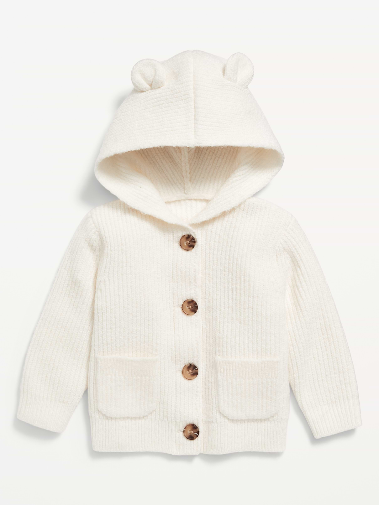 Image 1 of 2, We call it SoSoft, because it’s whipped-soft, not too heavy, not too thin. The goldilocks of sweaters., built-in hood with critter bear "ears", long sleeves, patch pockets at hem, full button front, Product #494402