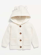 Image 1 of 2, We call it SoSoft, because it’s whipped-soft, not too heavy, not too thin. The goldilocks of sweaters., built-in hood with critter bear "ears", long sleeves, patch pockets at hem, full button front, Product #494402