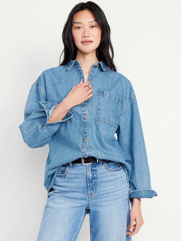 Image number 1 showing, Oversized Boyfriend Button-Down Jean Shirt