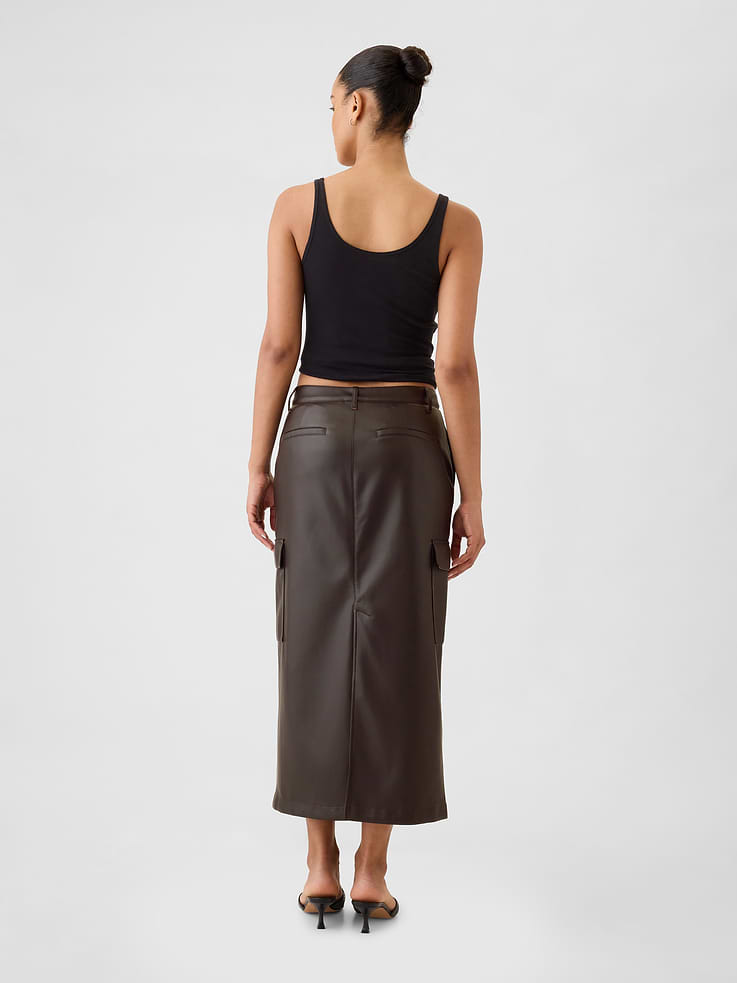 Image 2 of 5, Vegan Leather Cargo Midi Skirt