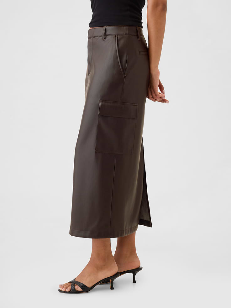 Image 3 of 5, Vegan Leather Cargo Midi Skirt