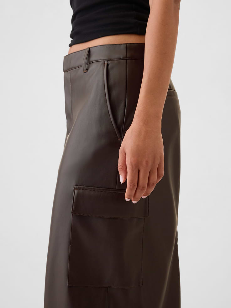 Image 4 of 5, Vegan Leather Cargo Midi Skirt