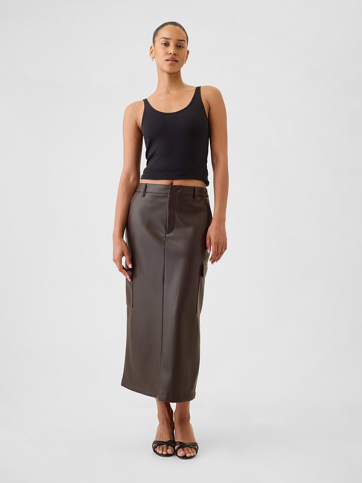 Image 1 of 5, Soft vegan leather midi skirt., Button closure, zip fly., Back welt pockets. Cargo pockets at sides., Slit at back hem., Product #517639