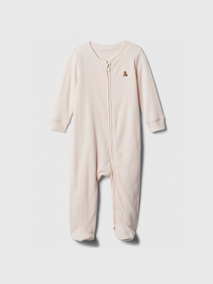 Image 1 of 3, Soft ribbed knit., Long sleeves with banded cuffs., Triangle zip guard at crewneck., Two-way zip closure for fast changes., Embroidered Brannan Bear at chest., Attached feet., Fold-over mittens on sizes 0-7LBS and 0-3M help keep hands warm and protected., This product was made in a factory that invests in gender equity and women’s empowerment through RISE. Learn more at, Product #453317