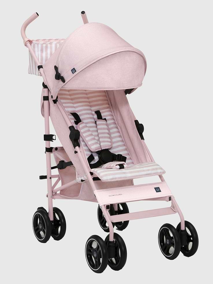 Image 1 of 8, Introducing our lightweight babyGap Classic Stroller!, This everyday stroller is outfitted with front wheels that features precision technology for outstanding control and effortless push, making it easier than ever to glide, turn and maneuver any surface., Ideal for travel or everyday use, the stroller"™s durable steel frame only weighs 14.5 pounds and the compact fold, auto lock and carry handle make it easy to transport., Incredibly cozy, the stroller has an extra-large extendable canopy with sun visor, 3-position reclining seats, ergonomic leatherette handles, locking back brakes, and puncture-proof tires to absorb all of life"™s adventures!, The extra-large storage basket and removable parent organizer ensure there"™s always enough room for all your baby"™s on-the-go essentials., Uniquely babyGap, the stroller has our logo and iconic Brannan Bear on the wheels, canopy, calf rest, parent organizer and safety harness for an elevated look., All soft surfaces on the stroller are made from recycled water bottles., This stroller is recommended for infants 9 months up to 50 pounds., JPMA Certified with a 5-point safety harness.