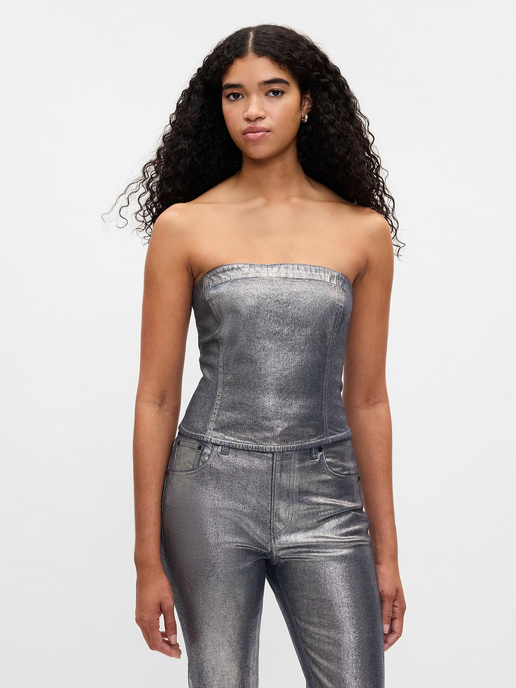 Image 1 of 5, Low stretch, cotton-blend foil corset top., Strapless., Back zipper closure., Silver shine wash., Product #565014