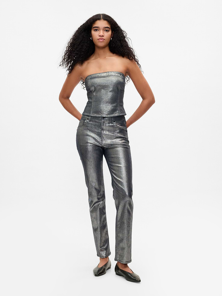 Image number 1 showing, High Rise Metallic '90s Slim Straight Jeans
