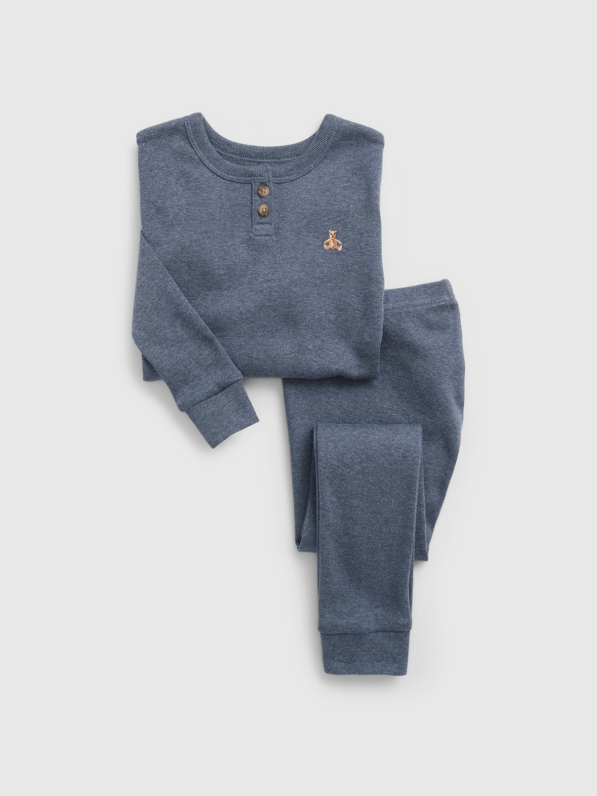 Image 1 of 2, Soft heather knit PJ set., Crewneck with Henley button placket., Long sleeves., Elasticized waist at PJ pants., Embroidered Brannan Bear at chest., Made with 100% organically grown cotton. Organic cotton is better for people and the environment because it's grown without the use of harmful synthetic pesticides and fertilizers., This product was made in a factory that invests in gender equity and women’s empowerment through RISE. Learn more at gapinc.com/equity ., Product #515416