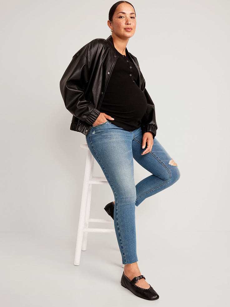 Image number 1 showing, Maternity Premium Full-Panel Rockstar Super Skinny Ripped Jeans