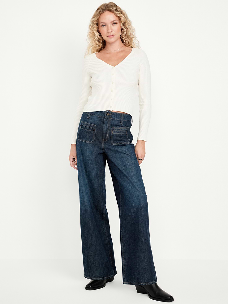Image 1 of 8, The polish of a trouser, the ease of a wide leg., high waisted, button front, belt loops, zip fly, front utility pockets, back patch pockets, Product #512816
