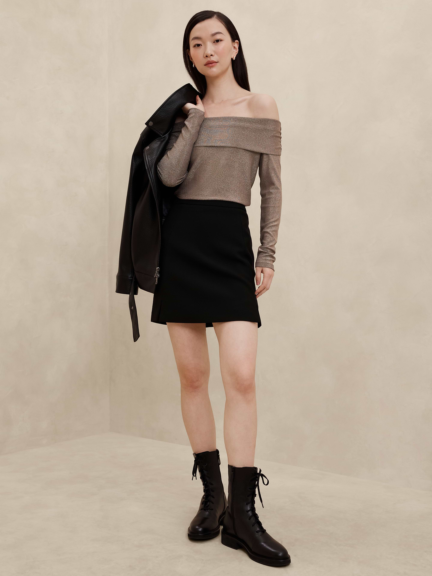 Image 1 of 4, Shine bright, feel right. This stretchy, itch-free fabric is perfect for your holiday glam., Off shoulder collar. Long sleeves., Straight hem., Made exclusively for Banana Republic Factory., Product #596122