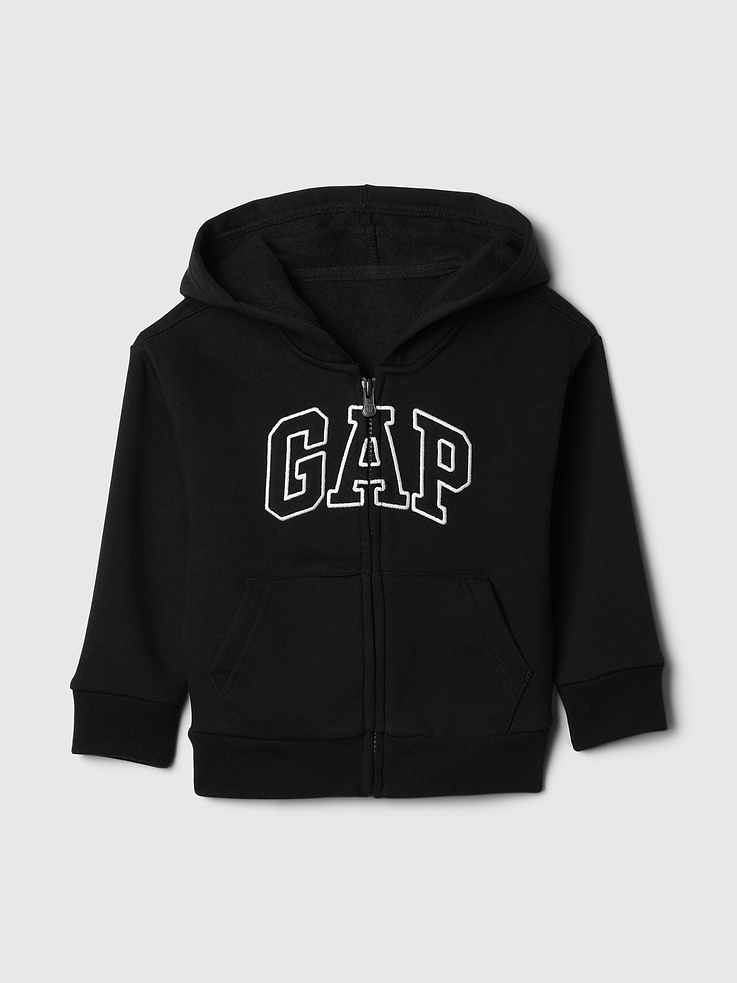 Image 1 of 3, Soft, comfy fleece., Dropped shoulder, long sleeves with banded cuffs., Hood, zip front., Gap logo at front., Kanga pockets., Banded hem., This product was made in a factory that invests in gender equity and women’s empowerment through RISE. Learn more at, Product #629717