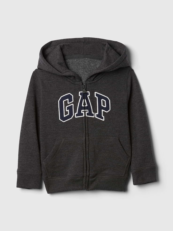 Image 1 of 3, Soft, comfy fleece., Dropped shoulder, long sleeves with banded cuffs., Hood, zip front., Gap logo at front., Kanga pockets., Banded hem., This product was made in a factory that invests in gender equity and women’s empowerment through RISE. Learn more at, Product #629717