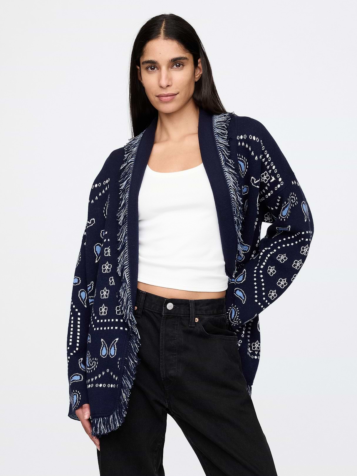 Cotton-Blend Fringe Shawl Cardigan | Gap