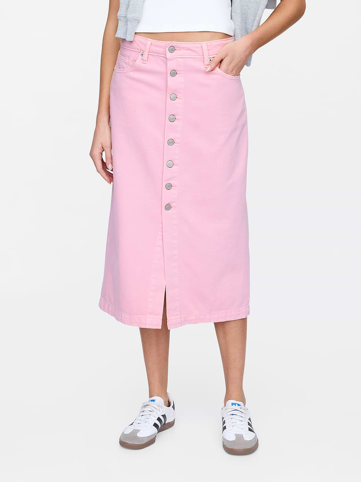 Image 3 of 5, SuperSoft Denim Button-Front Midi Skirt