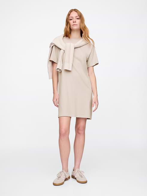 beige t shirt dress Ria Cotton T-Shirt by Pieces blind hem stitching at the sleeves and hem Cream Short Sleeve Side Slit