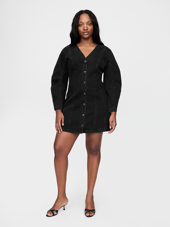 Barrel-Sleeve Denim Mini Dress