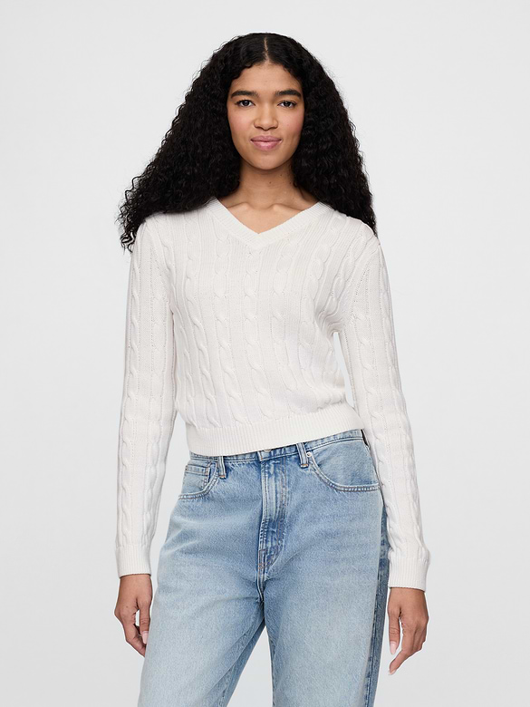 100% Cotton Cable-Knit V-Neck Sweater