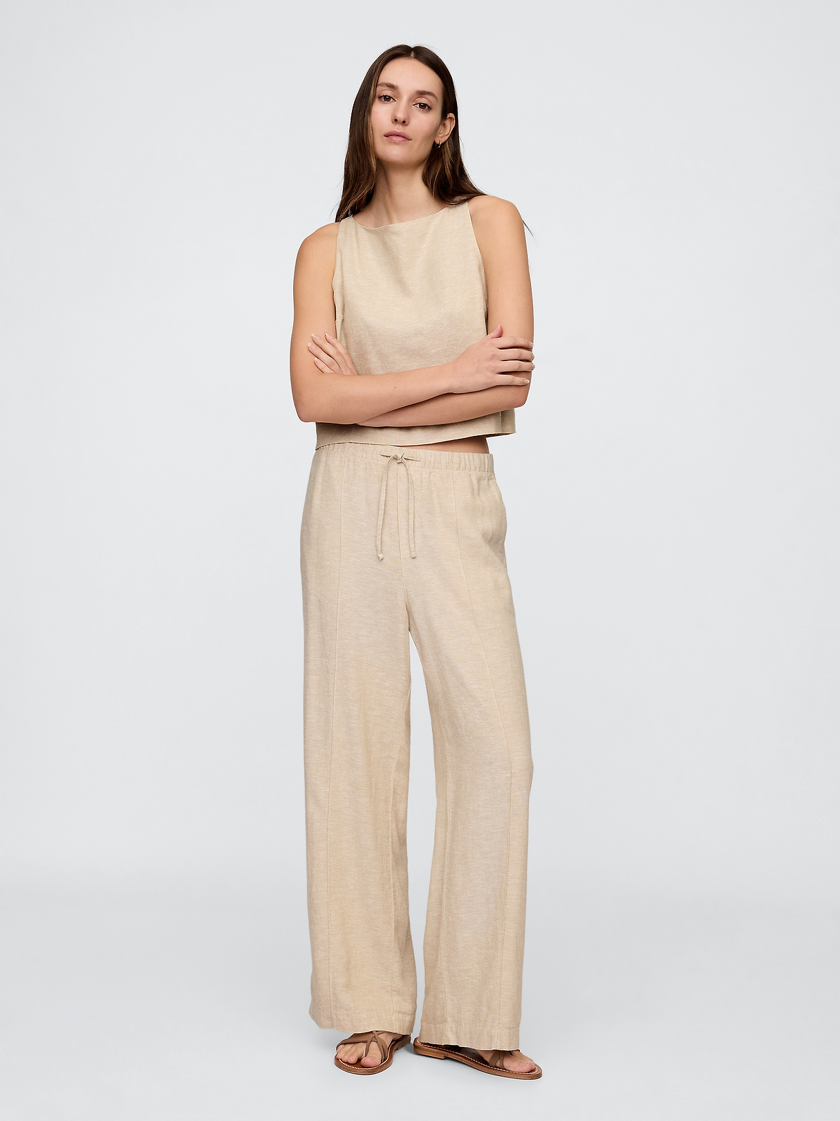 Mid Rise Linen-Blend Pull-On Wide-Leg Pants | Gap Factory