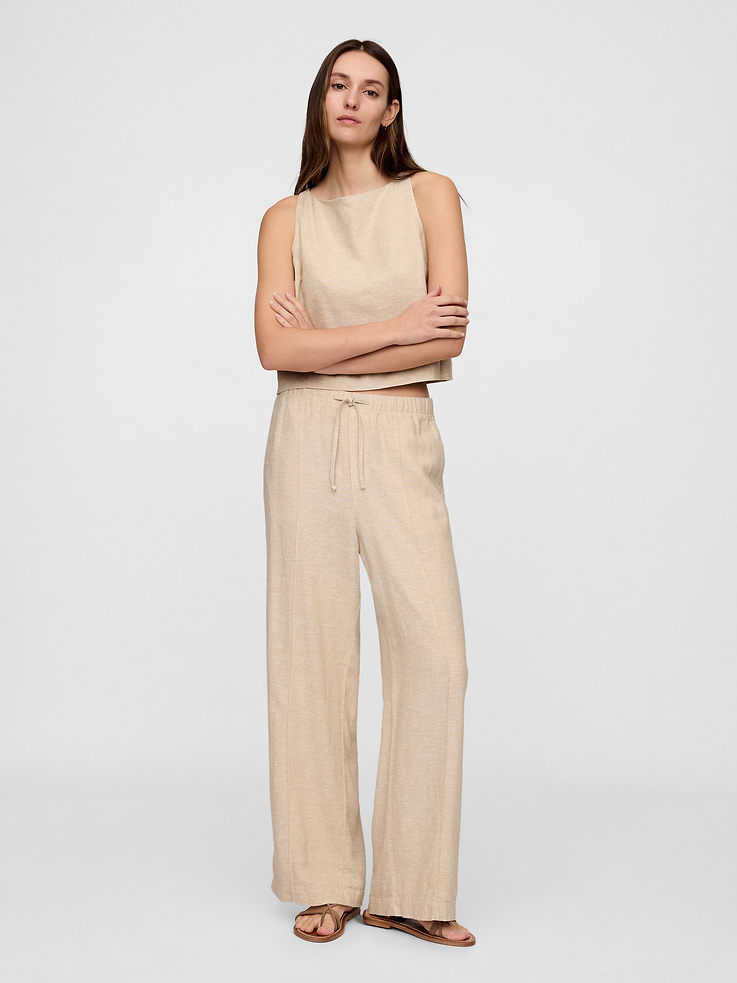 Image number 1 showing, Mid Rise Linen-Blend Pull-On Wide-Leg Pants