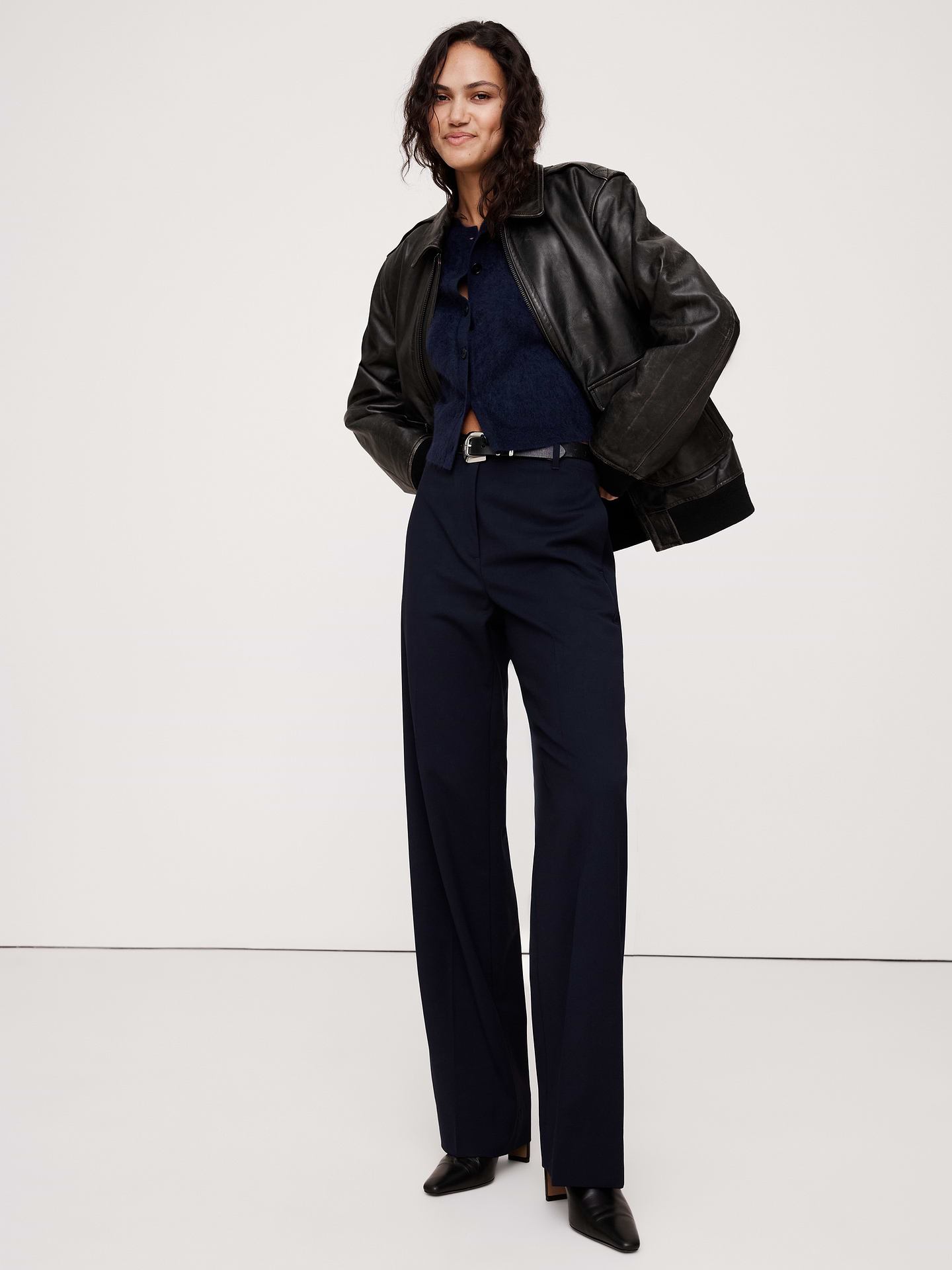 Image number 1 showing, Ultra High-Rise Modern Straight Italian Lightweight Wool Pant