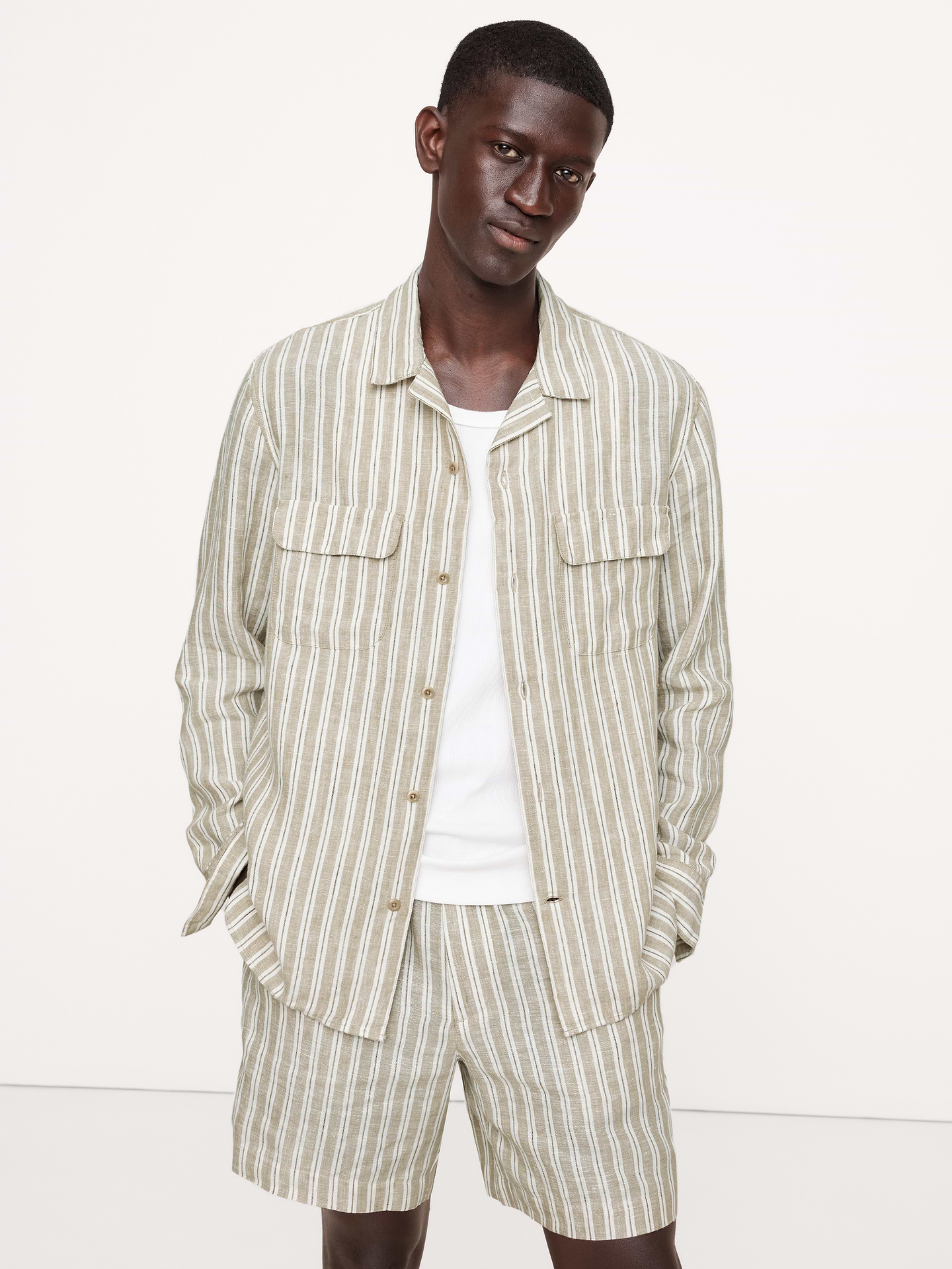 Image 1 of 4, We wanted this linen resort shirt to feel like the best vintage finds so we kept the fit easy and added a garment wash for softness and lived-in color., Standard fit: A straight and easy fit., Resort collar with button front., Chest pockets., Straight hem., Product #694863